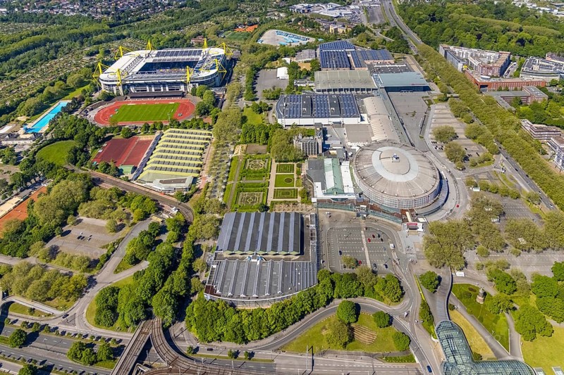 Aerial view, Signal Iduna Park Bundesliga stadium BVB Borussia Dortmund, Westfalenhallen, Ruhrallee, Dortmund, Ruhr area, North Rhine-Westphalia, Germany, arena, BVB Borussia Dortmund, Bundesliga stadium, DE, Europe, football pitch, football stadium, football club, BVB home ground, culture, art, aerial photography, aerial photography, aerial photography, Signal Iduna Park stadium, sports, sports facilities, sports ground, sports venue, stadium, overview, events, venue, event centre, bird's-eye view, birds-eyes view, cultural use, overview