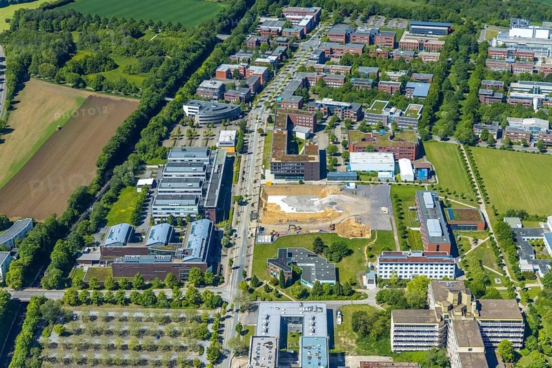 Aerial view, Technical University Dortmund, construction site new refrigeration plant in Dortmund Technology Park, Otto-cock-Straße, Eichlinghofen, Dortmund, Ruhr area, North Rhine-Westphalia, Germany, construction work, building, construction area, building site, building plots, construction project, construction site, DE, Europe, aerial view, aerial photography, aerial photography, new building, TU Dortmund, overview, bird's-eye view, bird's-eye view, overview