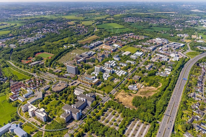 Aerial photo, Dortmund University of Technology, HoKiDo day care centre, Eichlinghofen, Dortmund, Ruhr area, North Rhine-Westphalia, Germany, construction work, construction, construction area, building site, building plots, construction measure, construction project, construction site, Campus Nord, DE, Emil-Figge-Straße, Europe, family centre, university, kindergarten, day nursery, day care centre, aerial view, aerial photography, aerial photography, new building, Otto-cock-Straße, TU Dortmund, Dortmund University of Technology, technology centre, overview, university, bird's eye view, birds-eyes view, overview