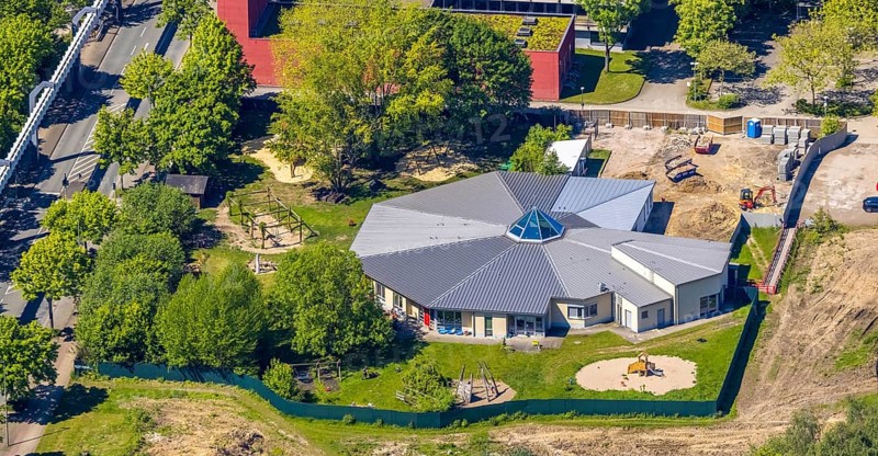 Aerial view, HoKiDo day-care centre at the Technical University of Dortmund, Eichlinghofen, Dortmund, Ruhr area, North Rhine-Westphalia, Germany, construction work, construction area, construction site, building site, construction measure, construction site, Campus Nord, DE, Emil-Figge-Straße, Europe, family centre, university, kindergarten, day-care centre, day-care centre, aerial photograph, aerial photography, aerial photography, Otto-cock-Straße, TU Dortmund, Technical University of Dortmund, technology centre, overview, university, bird's-eye view, overview