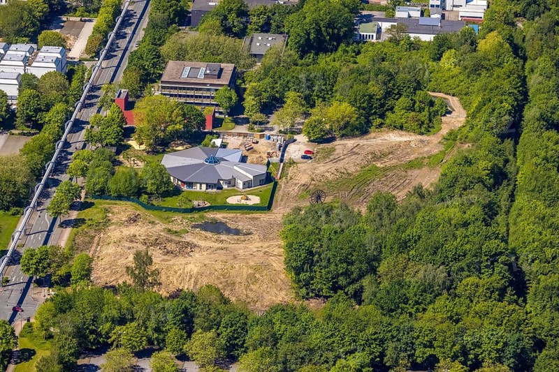 Aerial view, HoKiDo day-care centre at the Technical University of Dortmund, Eichlinghofen, Dortmund, Ruhr area, North Rhine-Westphalia, Germany, construction work, construction area, construction site, building site, construction measure, construction site, Campus Nord, DE, Emil-Figge-Straße, Europe, family centre, university, kindergarten, day-care centre, day-care centre, aerial photograph, aerial photography, aerial photography, Otto-cock-Straße, TU Dortmund, Technical University of Dortmund, technology centre, overview, university, bird's-eye view, overview