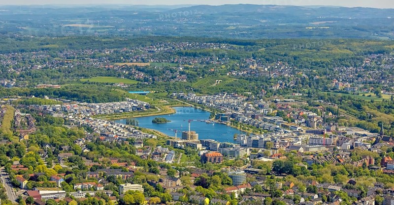 Aerial view, Phoenix Lake, Ruhrallee, Dortmund, Ruhr area, North Rhine-Westphalia, Germany, DE, Europe, distant view, property tax, real estate, aerial view, aerial photography, aerial photography, Phoenix Lake, overview, bird's-eye view, residential estate, living and living, residential area, residential buildings, quality of living, residential neighbourhood, housing estate, birds-eyes view, overview