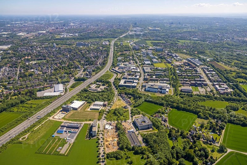Aerial view, Dortmund University of Technology and Dortmund Technology Park, construction site and new construction Sebrathweg office quarter, A40 motorway, Oespel, Dortmund, Ruhr area, North Rhine-Westphalia, Germany, construction work, construction area, construction site, building plots, construction project, construction site, DE, Emil-Figge-Straße, Europe, commercial enterprises, commercial area, commercial area, commercial location, commercial use, university, industrial area, industrial location, aerial view, aerial photography, aerial photography, new building, TU Dortmund, Dortmund University of Technology, technology centre, overview, bird's-eye view, birds-eyes view, overview