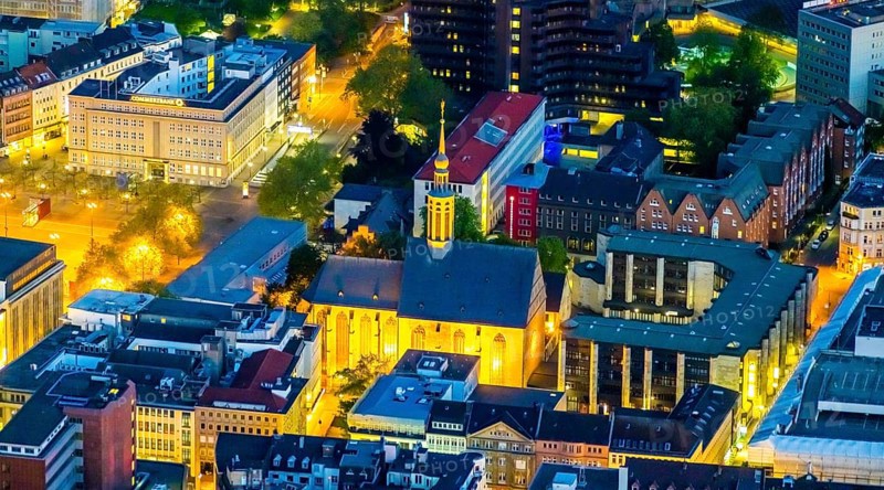Aerial view, Probsteikirche St. Johannes Baptist, City, Dortmund, Ruhr area, North Rhine-Westphalia, Germany, place of worship, DE, twilight photography, Europe, religious community, place of worship, holy place, church, parish, denomination, light pollution, aerial view, aerial photography, aerial photography, night, night photography, night flight, religion, religious site, overview, bird's eye view, illuminated streets, birds-eyes view, nightflight, overview