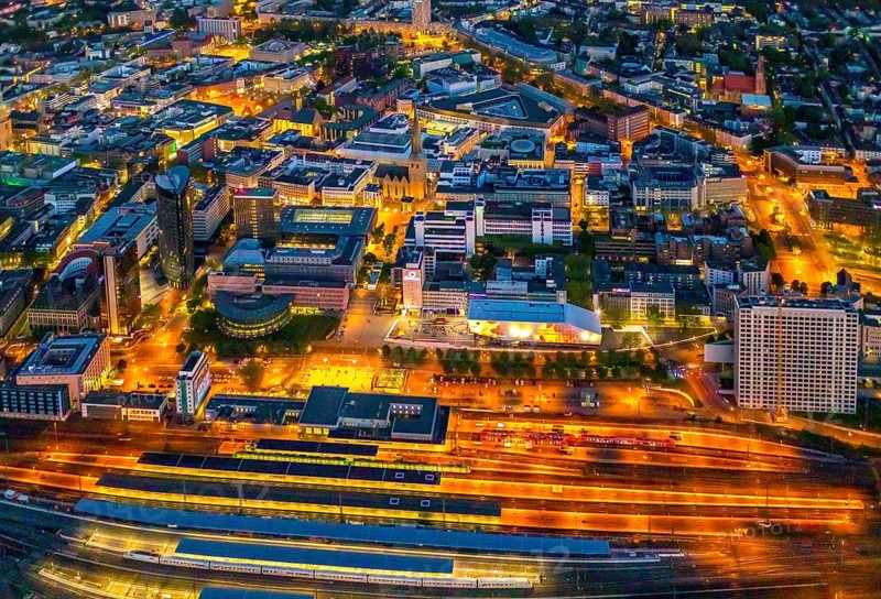 Aerial view, Dortmund main station and city centre, Harenberg City-Center, RWE Tower, German Football Museum, City, Dortmund, Ruhr area, North Rhine-Westphalia, Germany, railway station, station forecourt, DE, Deutsche Bahn AG, twilight photography, Europe, football, HCC Dortmund, Harenberg Kommunikation Verlags- u. Medien GmbH, central station, main station, light pollution, aerial view, aerial photography, aerial photography, museum, night, night shot, night flight, Dortmund City and State Library, overview, bird's-eye view, illuminated streets, birds-eyes view, nightflight, overview