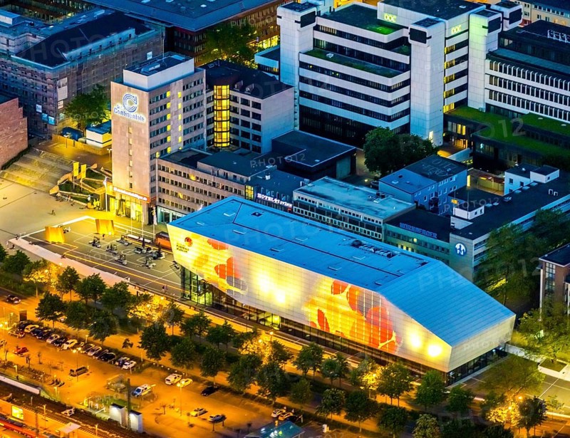 Aerial photo, German Football Museum, city, Dortmund, Ruhr area, North Rhine-Westphalia, Germany, DE, twilight photography, Europe, football, light pollution, aerial photography, aerial photography, aerial photography, museum, night, night photography, night flight, overview, bird's eye view, illuminated streets, birds-eyes view, nightflight, overview
