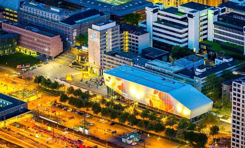 Aerial photo, German Football Museum, city, Dortmund, Ruhr area, North Rhine-Westphalia, Germany, DE, twilight photography, Europe, football, light pollution, aerial photography, aerial photography, aerial photography, museum, night, night photography, night flight, overview, bird's eye view, illuminated streets, birds-eyes view, nightflight, overview