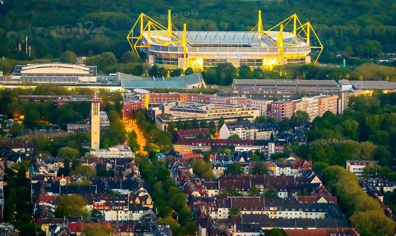 Aerial photography, Signal Iduna Park Bundesliga stadium BVB Borussia Dortmund, Westfalenhalle, Dortmund, Ruhr area, North Rhine-Westphalia, Germany, arena, BVB Borussia Dortmund, Bundesliga stadium, DE, twilight photography, Europe, football pitch, football stadium, football club, home ground BVB, light pollution, aerial photography, aerial photography, night, night shot, night flight, Signal Iduna Park stadium, sports, sports facilities, sports field, sports venue, stadium, Strobelallee, overview, bird's-eye view, illuminated streets, birds-eyes view, nightflight, overview
