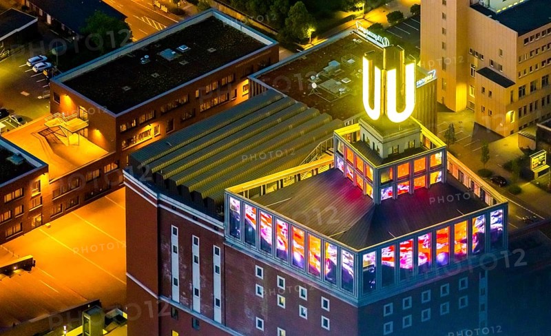 Aerial view, Dortmunder U-Turm, Dorstfelder Brücke, Dortmund, Ruhr area, North Rhine-Westphalia, Germany, DE, Dortmunder U Centre for Art and Creativity, twilight photography, Europe, culture, art, light pollution, aerial photography, aerial photography, night, night photography, night flight, overview, events, venue, event location, event centre, bird's-eye view, illuminated streets, birds-eyes view, cultural use, nightflight, overview