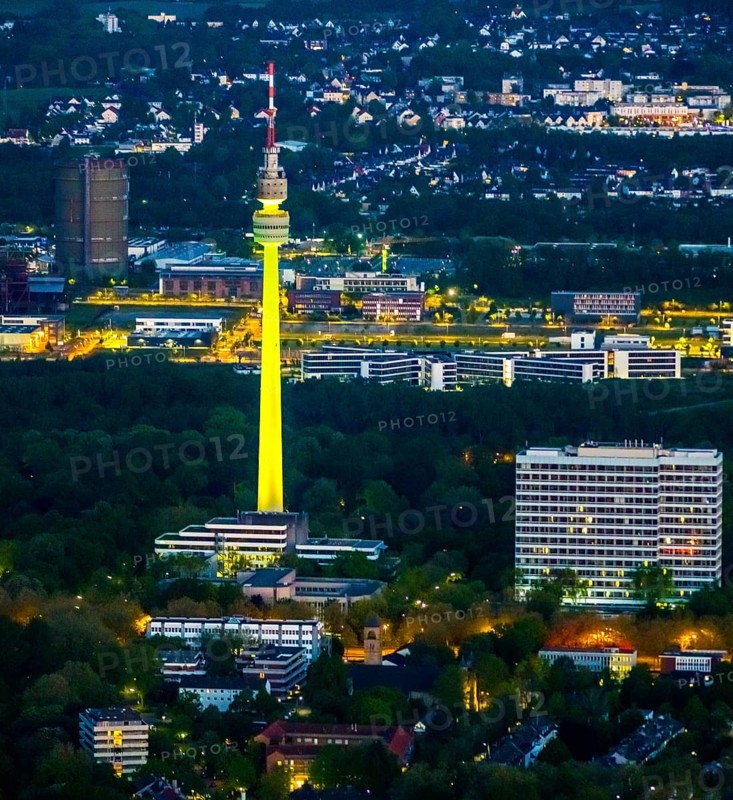 Aerial photo, Florian Tower in Westfalenpark, Ruhrallee, Dortmund, Ruhr area, North Rhine-Westphalia, Germany, DE, twilight photography, Europe, television tower, Florian Tower, landmark, light pollution, aerial photography, aerial photography, aerial photography, night, night photography, night flight, tower, overview, bird's eye view, landmark, illuminated streets, birds-eyes view, innogy SE, nightflight, overview