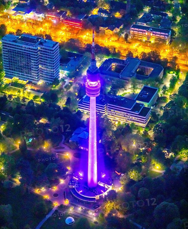 Aerial view, Florian Tower in Westfalenpark, Ruhrallee, Dortmund, Ruhr area, North Rhine-Westphalia, Germany, DE, twilight photography, Europe, television tower, Florian Tower, landmark, light pollution, aerial view, aerial photography, aerial photography, night, night shot, night flight, tower, overview, bird's eye view, landmark, illuminated streets, birds-eyes view, nightflight, overview