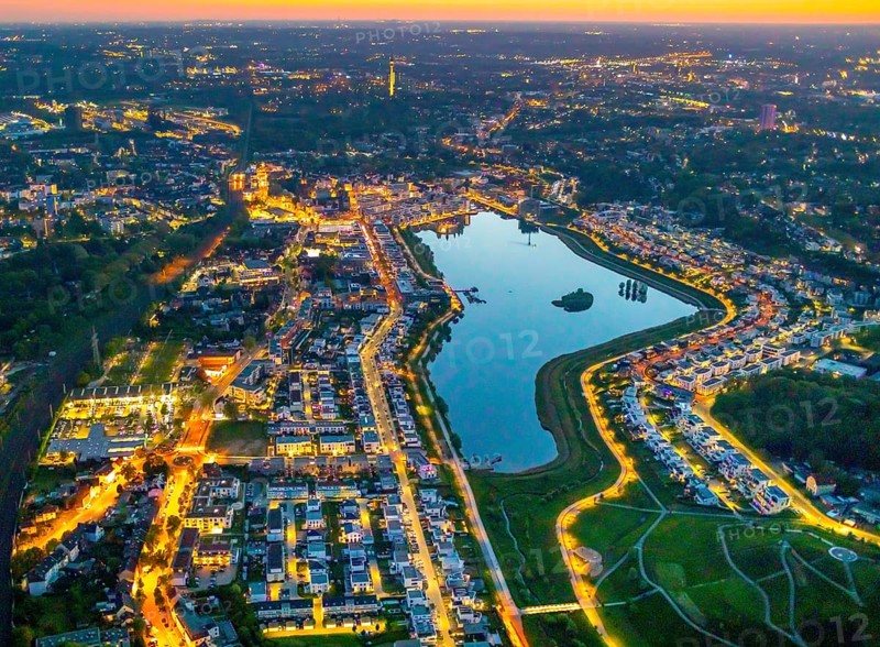Aerial view, Phoenix Lake and Florian Tower, Hörde, Dortmund, Ruhr area, North Rhine-Westphalia, Germany, sunset, DE, twilight photography, Europe, distant view, Florian Tower, property tax, real estate, light pollution, aerial photography, aerial photography, aerial photography, night, night photography, night flight, Phoenix Lake, lake, overview, bird's eye view, residential area, living and life, residential area, residential buildings, residential quality, residential neighbourhood, illuminated streets, birds-eyes view, nightflight, overview