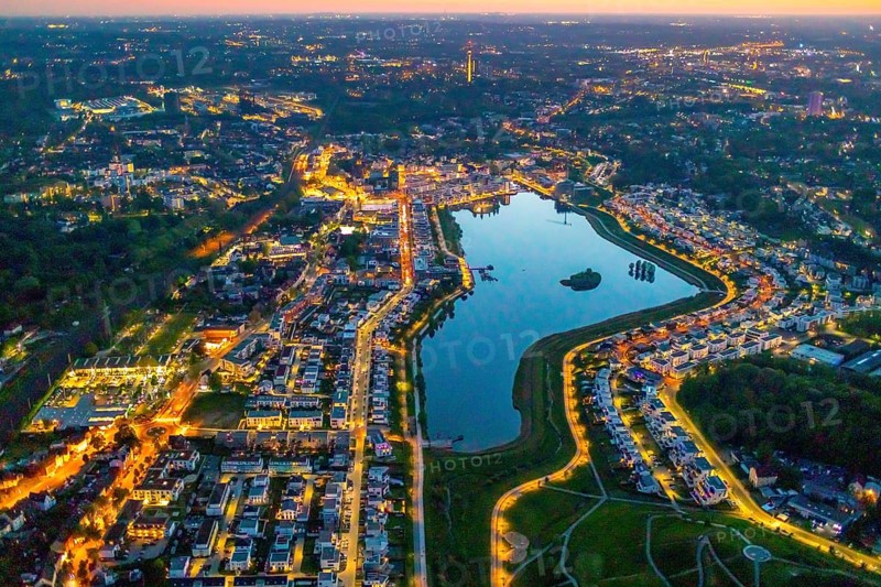 Aerial view, Phoenix Lake and Florian Tower, Hörde, Dortmund, Ruhr area, North Rhine-Westphalia, Germany, sunset, DE, twilight photography, Europe, distant view, Florian Tower, property tax, real estate, light pollution, aerial photography, aerial photography, aerial photography, night, night photography, night flight, Phoenix Lake, lake, overview, bird's eye view, residential area, living and life, residential area, residential buildings, residential quality, residential neighbourhood, illuminated streets, birds-eyes view, nightflight, overview