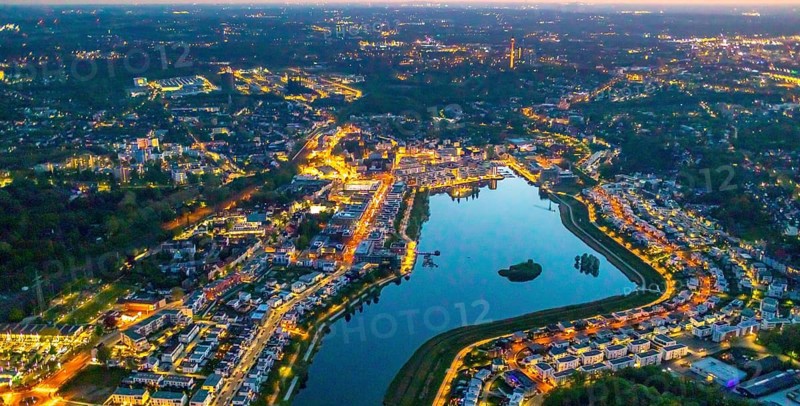 Aerial view, Phoenix Lake and Florian Tower, Hörde, Dortmund, Ruhr area, North Rhine-Westphalia, Germany, DE, twilight photography, Europe, Florian Tower, property tax, real estate, light pollution, aerial photography, aerial photography, aerial photography, night, night photography, night flight, Phoenix Lake, lake, overview, bird's eye view, residential area, living and life, residential area, residential buildings, residential quality, residential neighbourhood, illuminated streets, birds-eyes view, nightflight, overview