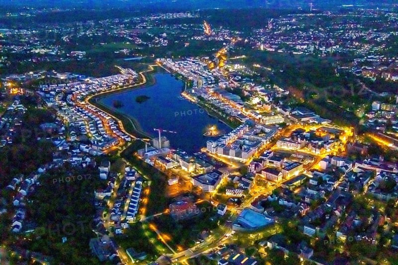 Aerial photo, Phoenix-See, Hörde, Dortmund, Ruhr area, North Rhine-Westphalia, Germany, DE, twilight photography, Europe, property tax, real estate, light pollution, aerial photography, aerial photography, aerial photography, night, night photography, night flight, Phoenix Lake, lake, overview, bird's eye view, residential area, living and life, residential area, residential buildings, quality of life, residential neighbourhood, illuminated streets, birds-eyes view, nightflight, overview