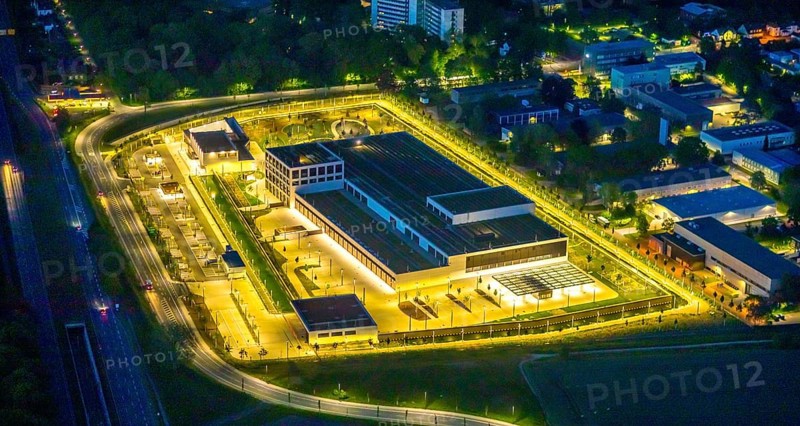 Aerial view, Deutsche Federal Bank branch, Aplerbeck, Dortmund, Ruhr area, North Rhine-Westphalia, Germany, DE, twilight photography, Europe, finance, money storage, light pollution, aerial photograph, aerial photography, aerial photography, Marsbruchstraße, night, night photography, night flight, overview, bird's eye view, illuminated streets, birds-eyes view, nightflight, overview