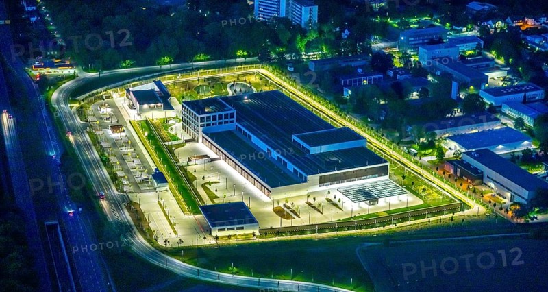 Aerial view, Deutsche Federal Bank branch, Aplerbeck, Dortmund, Ruhr area, North Rhine-Westphalia, Germany, DE, twilight photography, Europe, finance, money storage, light pollution, aerial photograph, aerial photography, aerial photography, Marsbruchstraße, night, night photography, night flight, overview, bird's eye view, illuminated streets, birds-eyes view, nightflight, overview