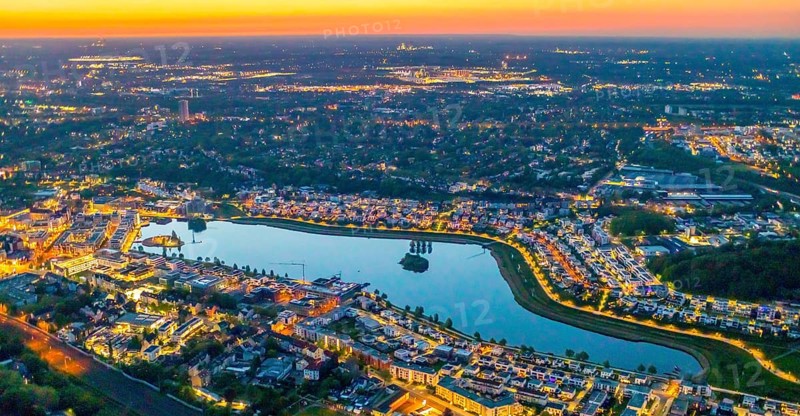 Aerial view, Phoenix Lake, Hörde, Dortmund, Ruhr area, North Rhine-Westphalia, Germany, sunset, DE, twilight photography, Europe, distant view, property tax, real estate, light pollution, aerial photography, aerial photography, night, night photography, night flight, Phoenix Lake, lake, overview, bird's eye view, residential area, living and life, residential area, residential buildings, quality of life, residential neighbourhood, illuminated streets, birds-eyes view, nightflight, overview