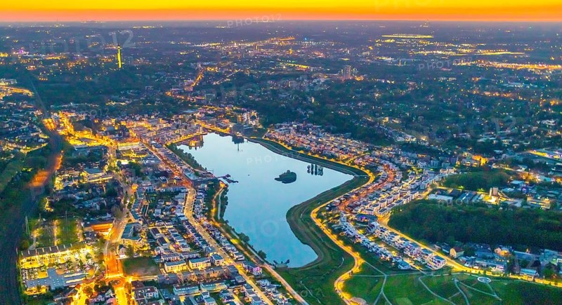Aerial view, Phoenix Lake and Florian Tower, Hörde, Dortmund, Ruhr area, North Rhine-Westphalia, Germany, sunset, DE, twilight photography, Europe, distant view, Florian Tower, property tax, real estate, light pollution, aerial photography, aerial photography, aerial photography, night, night photography, night flight, Phoenix Lake, lake, overview, bird's eye view, residential area, living and life, residential area, residential buildings, residential quality, residential neighbourhood, illuminated streets, birds-eyes view, nightflight, overview
