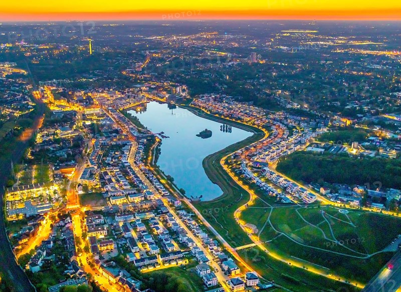 Aerial view, Phoenix Lake and Florian Tower, Hörde, Dortmund, Ruhr area, North Rhine-Westphalia, Germany, sunset, DE, twilight photography, Europe, distant view, Florian Tower, property tax, real estate, light pollution, aerial photography, aerial photography, aerial photography, night, night photography, night flight, Phoenix Lake, lake, overview, bird's eye view, residential area, living and life, residential area, residential buildings, residential quality, residential neighbourhood, illuminated streets, birds-eyes view, nightflight, overview