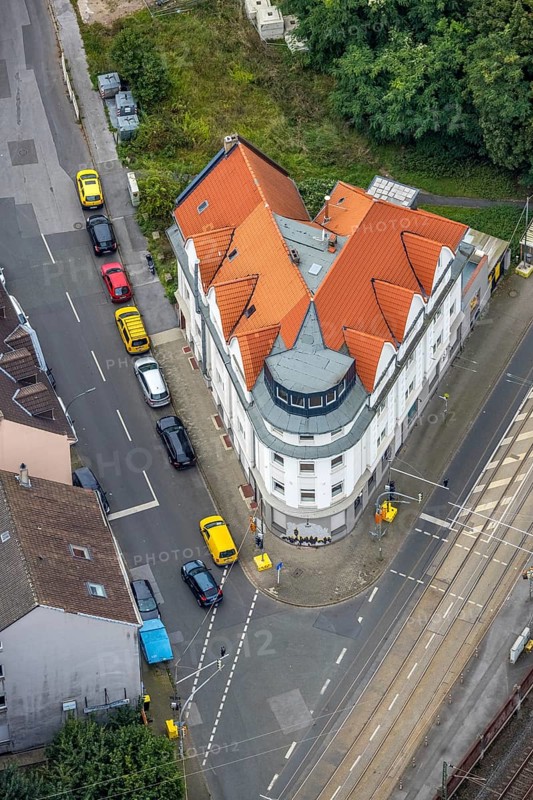 Aerial view, iron house at Heyden-Rynsch-Straße corner Dorstfelder Hellweg in the district Dorstfeld in Dortmund, Ruhr area, North Rhine-Westphalia, Germany, DE, Dortmund, Europe, property tax, real estate, aerial view, aerial photography, aerial photography, overview, bird's eye view, living and life, residential area, residential buildings, quality of life, birds-eyes view, overview