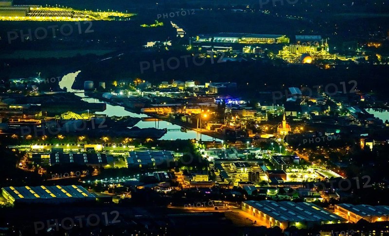 Aerial view, Dortmund harbour, old harbour office building, Dortmund, Ruhr area, North Rhine-Westphalia, Germany, DE, twilight photography, Europe, harbour, harbour area, harbour overview, light pollution, aerial photography, aerial photography, night, night photography, night flight, overview, bird's eye view, illuminated streets, birds-eyes view, nightflight, overview