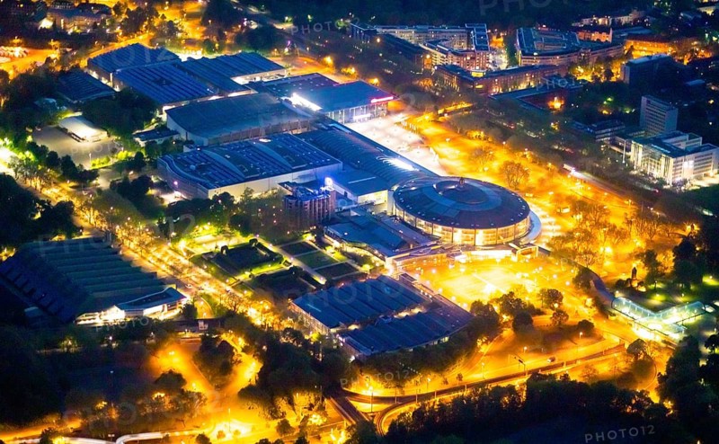 Aerial photography, Westfalenhallen, Westfalenhalle, Dortmund, Ruhr area, North Rhine-Westphalia, Germany, DE, twilight photography, Europe, culture, art, light pollution, aerial photography, aerial photography, aerial photography, exhibition centre, night, night photography, night flight, overview, events, venue, event location, event centre, bird's-eye view, illuminated streets, birds-eyes view, cultural use, nightflight, overview