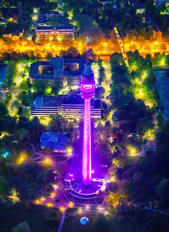 Aerial view, Florian Tower in Westfalenpark, Ruhrallee, Dortmund, Ruhr area, North Rhine-Westphalia, Germany, DE, twilight photography, Europe, television tower, Florian Tower, landmark, light pollution, aerial view, aerial photography, aerial photography, night, night shot, night flight, tower, overview, bird's eye view, landmark, illuminated streets, birds-eyes view, nightflight, overview
