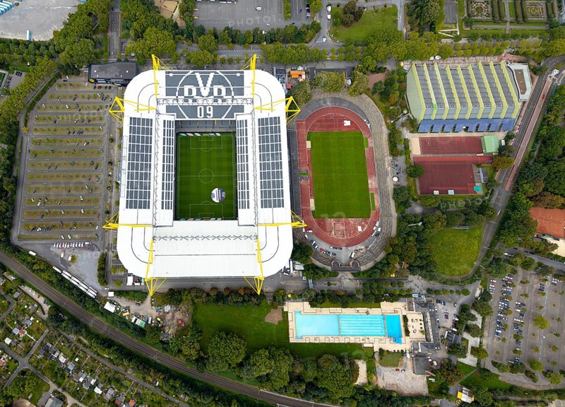 Aerial view, Signal Iduna Park Bundesliga stadium of BVB 09 and stadium Rote Erde in the district Barop in Dortmund, Ruhr area, North Rhine-Westphalia, Germany, arena, BVB 09 Borussia Dortmund, Ballspielverein Borussia 09 e. V. Dortmund, DE, Dortmund, Europe, football pitch, football stadium, football club, home ground BVB, aerial view, aerial photography, aerial photography, sports, sports facilities, sports field, sports facility, stadium, overview, bird's eye view, Westfalenstadion, birds-eyes view, overview