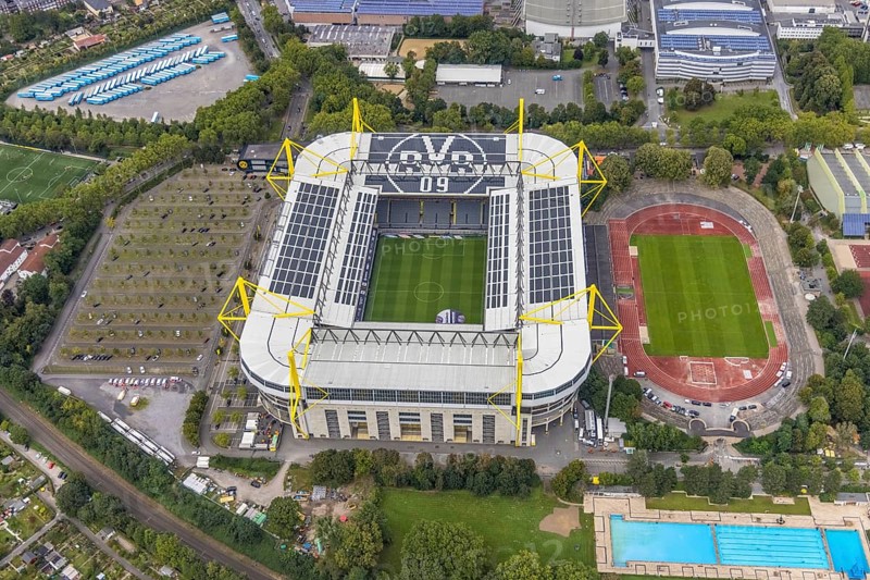 Aerial view, Signal Iduna Park Bundesliga stadium of BVB 09 and stadium Rote Erde in the district Barop in Dortmund, Ruhr area, North Rhine-Westphalia, Germany, arena, BVB 09 Borussia Dortmund, Ballspielverein Borussia 09 e. V. Dortmund, DE, Dortmund, Europe, football pitch, football stadium, football club, home ground BVB, aerial view, aerial photography, aerial photography, sports, sports facilities, sports field, sports facility, stadium, overview, bird's eye view, Westfalenstadion, birds-eyes view, overview