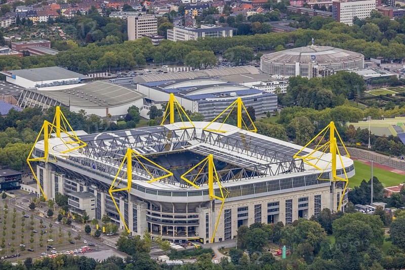 Aerial view, Signal Iduna Park Bundesliga stadium of BVB 09 in the Barop district of Dortmund, Ruhr area, North Rhine-Westphalia, Germany, arena, BVB 09 Borussia Dortmund, Ballspielverein Borussia 09 e. V. Dortmund, DE, Dortmund, Europe, football pitch, football stadium, football club, home ground BVB, aerial view, aerial photography, aerial photography, sports, sports facilities, sports field, sports venue, stadium, overview, bird's eye view, Westfalenstadion, birds-eyes view, overview