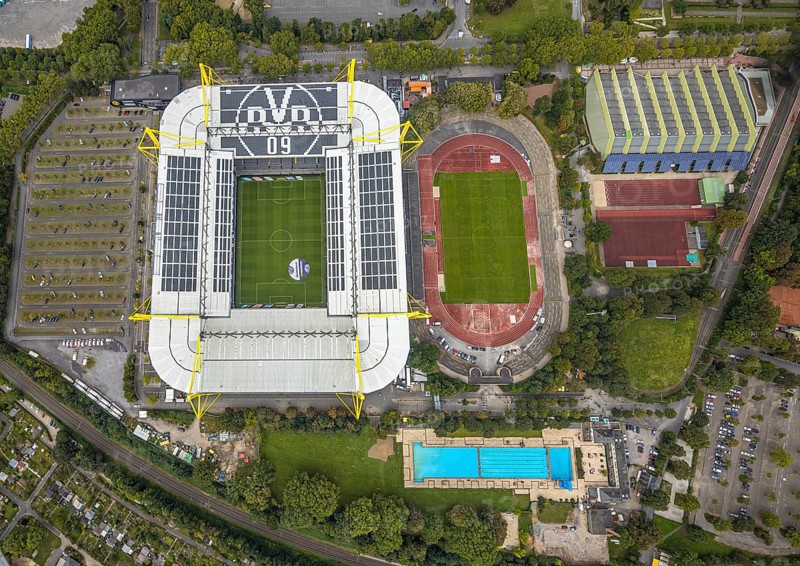 Aerial view, Signal Iduna Park Bundesliga stadium of BVB 09 and stadium Rote Erde in the district Barop in Dortmund, Ruhr area, North Rhine-Westphalia, Germany, arena, BVB 09 Borussia Dortmund, Ballspielverein Borussia 09 e. V. Dortmund, DE, Dortmund, Europe, football pitch, football stadium, football club, home ground BVB, aerial view, aerial photography, aerial photography, sports, sports facilities, sports field, sports facility, stadium, overview, bird's eye view, Westfalenstadion, birds-eyes view, overview