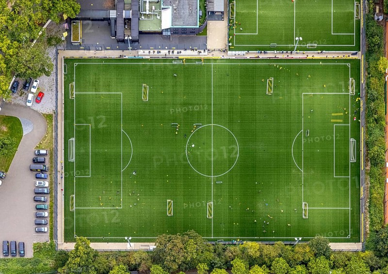 Aerial view, sports field and training facility BVB 09 Dortmund with the BVB Evonik football academy in the district Westfalenhalle in Dortmund, Ruhr area, North Rhine-Westphalia, Germany, DE, Dortmund, Europe, shapes and colours, football field, aerial view, aerial photography, aerial photography, sports, sports facilities, sports field, sports school, sports facility, overview, bird's-eye view, overview