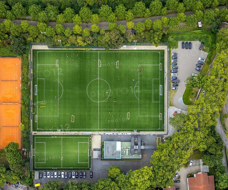 Aerial view, sports field and training facility BVB 09 Dortmund with the BVB Evonik football academy in the district Westfalenhalle in Dortmund, Ruhr area, North Rhine-Westphalia, Germany, DE, Dortmund, Europe, shapes and colours, football field, aerial view, aerial photography, aerial photography, sports, sports facilities, sports field, sports school, sports facility, overview, bird's-eye view, overview