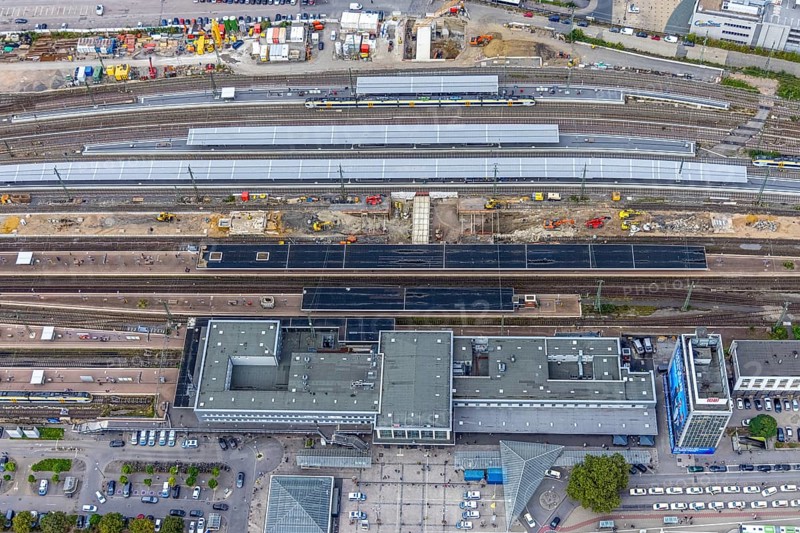 Aerial view, construction site at Dortmund Central Station in the City district of Dortmund, Ruhr area, North Rhine-Westphalia, Germany, railway tracks, station, platform, construction work, construction area, construction site, building site, construction project, construction site, DE, Deutsche Bahn AG, Dortmund, Europe, central station, main station, aerial view, aerial photography, aerial photography, overview, bird's-eye view, overview