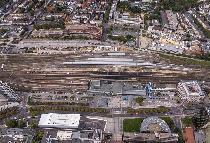 Aerial view, construction site at Dortmund Central Station in the City district of Dortmund, Ruhr area, North Rhine-Westphalia, Germany, railway tracks, station, platform, construction work, construction area, construction site, building site, construction project, construction site, DE, Deutsche Bahn AG, Dortmund, Europe, central station, main station, aerial view, aerial photography, aerial photography, overview, bird's-eye view, overview