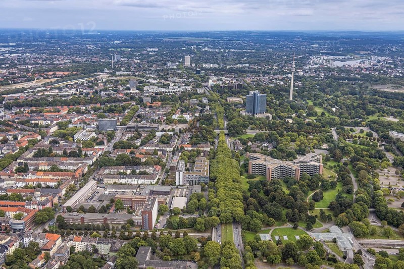 Aerial view, greened Rheinlanddamm B1 with Signal Iduna headquarters, Westnetz GmbH building and Florianturm in the district Westfalenhalle in Dortmund, Ruhr area, North Rhine-Westphalia, Germany, federal road B1, DE, Dortmund, Europe, television tower, commercial enterprises, commercial area, commercial area, commercial location, commercial use, aerial view, aerial photography, aerial photography, tower, overview, bird's-eye view, overview