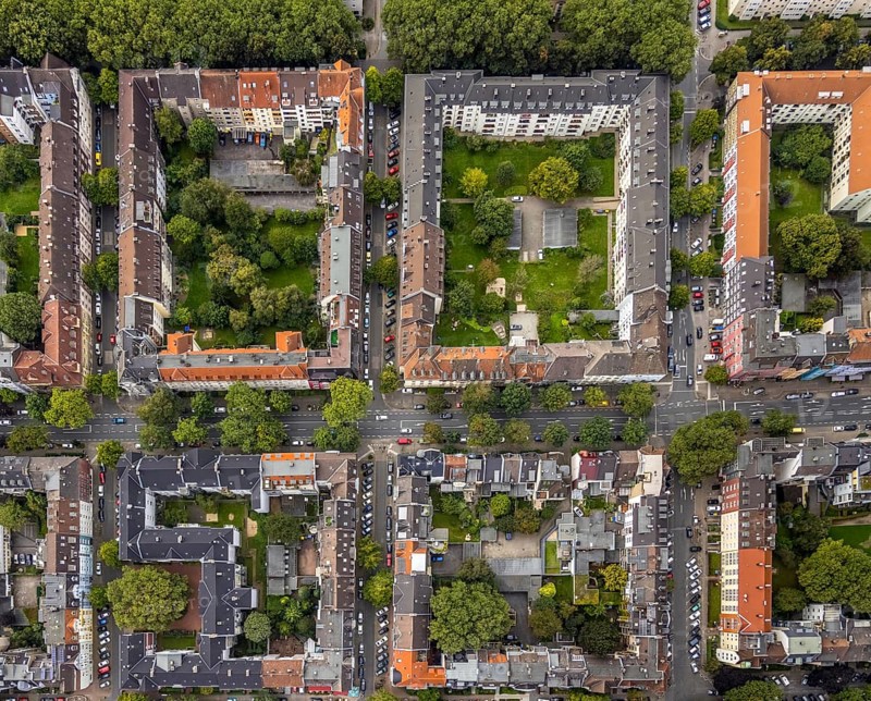 Aerial view, square residential complex in the Kreuzviertel in the Westfalenhalle district in Dortmund, Ruhr area, North Rhine-Westphalia, Germany, DE, Dortmund, Europe, shapes and colours, aerial view, aerial photography, aerial photography, overview, bird's-eye view, overview
