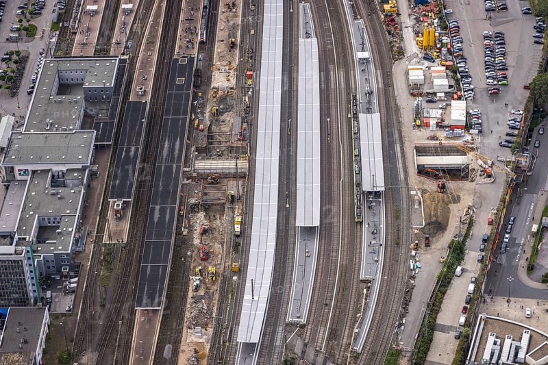 Aerial view, construction site at Dortmund Central Station in the City district of Dortmund, Ruhr area, North Rhine-Westphalia, Germany, railway tracks, station, platform, construction work, construction area, construction site, building site, construction project, construction site, DE, Deutsche Bahn AG, Dortmund, Europe, central station, main station, aerial view, aerial photography, aerial photography, overview, bird's-eye view, overview