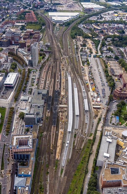Aerial view, construction site at Dortmund Central Station in the City district of Dortmund, Ruhr area, North Rhine-Westphalia, Germany, railway tracks, station, platform, construction work, construction area, construction site, building site, construction project, construction site, DE, Deutsche Bahn AG, Dortmund, Europe, central station, main station, aerial view, aerial photography, aerial photography, overview, bird's-eye view, overview