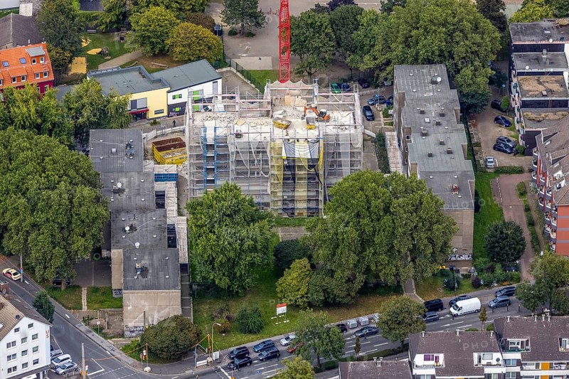 Aerial view, construction site with new building on Heiligegartenstraße in the Nordstadt district of Dortmund, Ruhr area, North Rhine-Westphalia, Germany, construction work, construction area, construction site, building plots, construction project, construction site, DE, Dortmund, Europe, property tax, real estate, aerial view, aerial photography, aerial photography, new building, overview, bird's eye view, residential complex, living and living, residential area, residential buildings, residential quality, residential neighbourhood, housing estate, birds-eyes view, overview