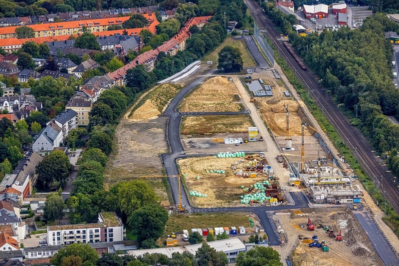 Aerial view, construction site Kronprinzenviertel for new construction of residential units Am Wasserturm Südbahnhof in the district City in Dortmund, Ruhr area, North Rhine-Westphalia, Germany, construction work, building monument, construction, construction area, building site, building plots, construction project, construction site, DE, Dortmund, Europe, aerial view, aerial photography, aerial photography, tower, overview, bird's-eye view, overview