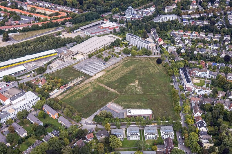 Aerial view, construction site Deggingstraße and Dortmunder Systemhaus in the district Westfalendamm in Dortmund, Ruhr area, North Rhine-Westphalia, Germany, construction area, construction site, building plots, construction project, DE, Dortmund, Europe, aerial view, aerial photography, aerial photography, overview, bird's-eye view, overview