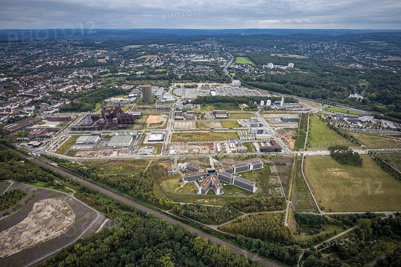 Aerial view, Phönix-West area with Hoesch Gasometer and Wilo Park in the district Hörde in Dortmund, Ruhr area, North Rhine-Westphalia, Germany, DE, Dortmund, Europe, commercial enterprises, commercial area, commercial park, commercial location, commercial use, industrial area, industrial building, industrial location, aerial view, aerial photography, aerial photography, overview, bird's eye view, birds-eyes view, overview