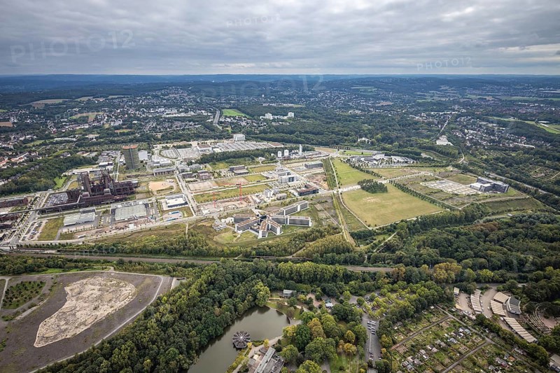 Aerial view, Phönix-West area with Hoesch Gasometer and Wilo Park in the district Hörde in Dortmund, Ruhr area, North Rhine-Westphalia, Germany, DE, Dortmund, Europe, commercial enterprises, commercial area, commercial park, commercial location, commercial use, industrial area, industrial building, industrial location, aerial view, aerial photography, aerial photography, overview, bird's eye view, birds-eyes view, overview