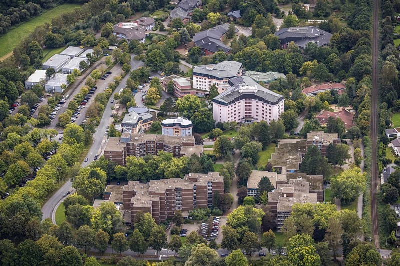 Aerial view, Paritätisches Altenwohnheim Dortmund Hermann-Keiner-Haus and Rudolf-Steiner-Schule Dortmund in the district Rombergpark-Lücklemberg in Dortmund, Ruhr area, North Rhine-Westphalia, Germany, retirement home, old people's home, care and nursing home, education, educational institution, DE, Dortmund, Europe, teaching institute, aerial photograph, aerial photography, aerial photography, care facility, school, retirement home, retirement home, senior citizens' residence, senior citizens' centre, overview, bird's eye view, birds-eyes view, overview