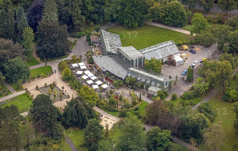 Aerial view, Café Orchidee in Rombergpark in the Brünninghausen district of Dortmund, Ruhr area, North Rhine-Westphalia, Germany, outdoor catering, café, DE, Dortmund, food and drink, Europe, restaurant, gastronomy, aerial photography, aerial photography, aerial photography, restaurant, parasols, overview, bird's-eye view, overview