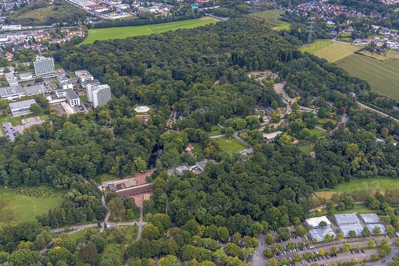 Aerial view, BVB 09 information stand and fans at the Flamingo Restaurant in Rombergpark in the Brünninghausen district of Dortmund, Ruhr area, North Rhine-Westphalia, Germany, BVB 09 Borussia Dortmund, DE, Dortmund, Europe, football fans, aerial view, aerial photography, aerial photography, overview, bird's-eye view, overview