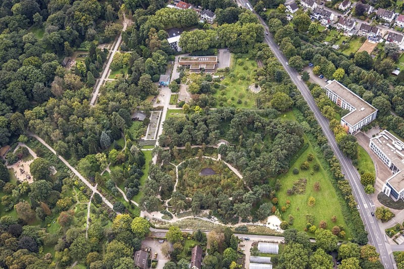 Aerial view, The moor heath landscape and the administration building in Rombergpark in the district Hörde in Dortmund, Ruhr area, North Rhine-Westphalia, Germany, DE, Dortmund, Europe, leisure area, leisure park, aerial view, aerial photography, aerial photography, park, overview, administration, bird's eye view, forest area, birds-eyes view, overview