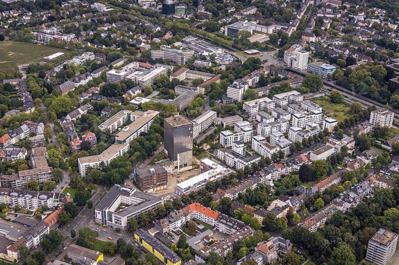 Aerial view, new office park at the Kronenburg on the site of the former Kronenbrauerei between Märkische Straße and Kronenstraße in the Ruhrallee district of Dortmund, Ruhr area, North Rhine-Westphalia, Germany, demolition, DE, Dortmund, Europe, commercial enterprises, commercial area, commercial park, commercial location, commercial use, industrial area, industrial location, aerial view, aerial photography, aerial photography, Kronenbrauerei tower, overview, bird's-eye view, bird's-eye view, overview